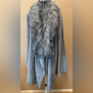 Garnet Hill Gray Cardigan with Faux Fur Collar